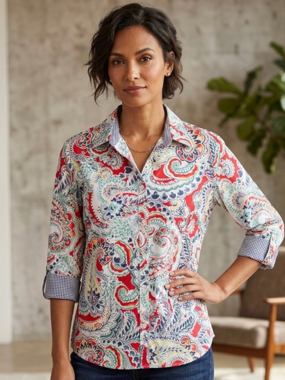 Chaps No-Iron Paisley Shirt 3/4 Cuff Sleeve Gingham Trim 1X Preppy Classy Boho
